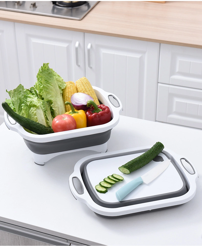 Kitchen Multi-Purpose Folding Basin with Cutting Chopping Board Multifunction Vegetable Cutter with Drain Basket